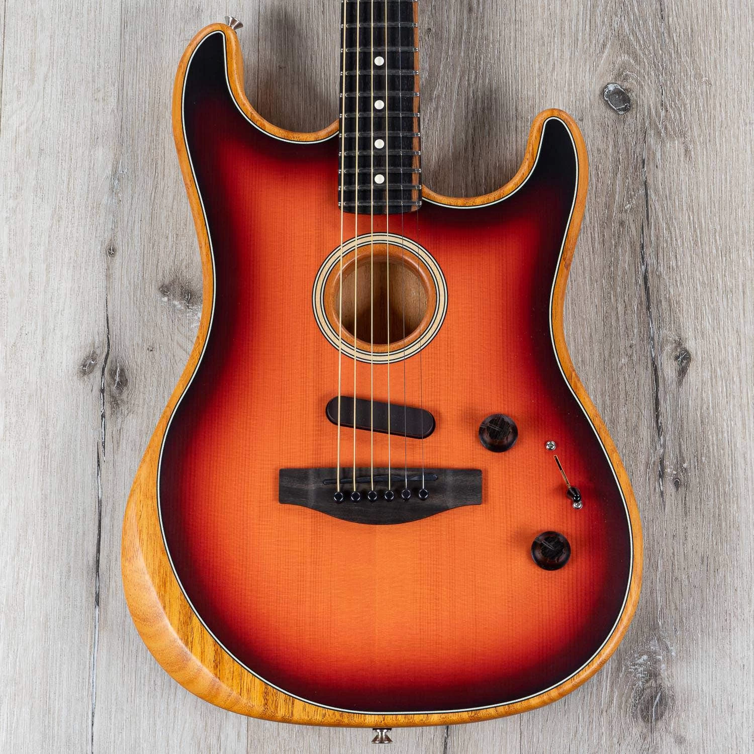 Fender American Acoustasonic Stratocaster Guitar, Ebony Fretboard, 3 Color Sunburst 3 Fender American Acoustasonic Stratocaster Guitar, Ebony Fretboard, 3 Color Sunburst