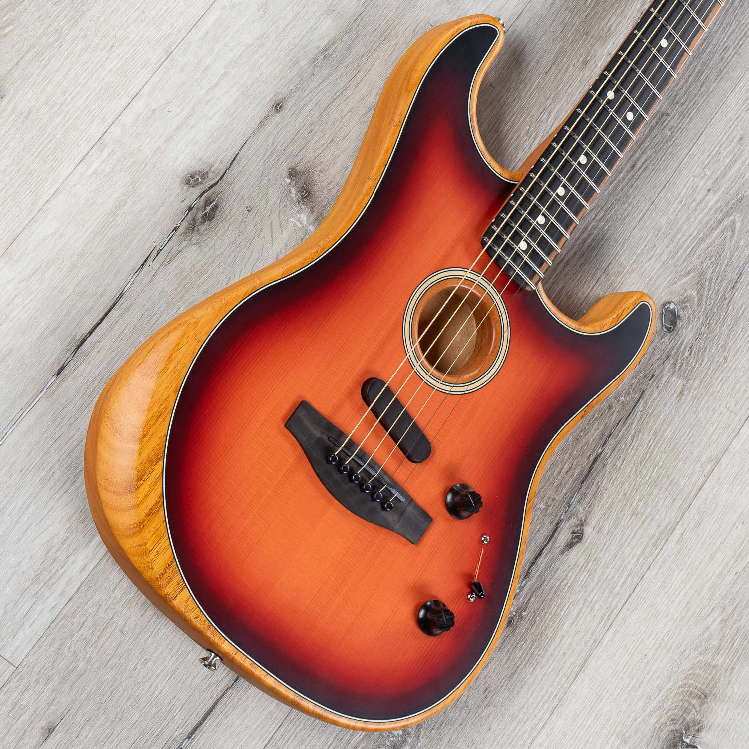 Fender American Acoustasonic Stratocaster Guitar, Ebony Fretboard, 3 Color Sunburst 4 Fender American Acoustasonic Stratocaster Guitar, Ebony Fretboard, 3 Color Sunburst - Image 2