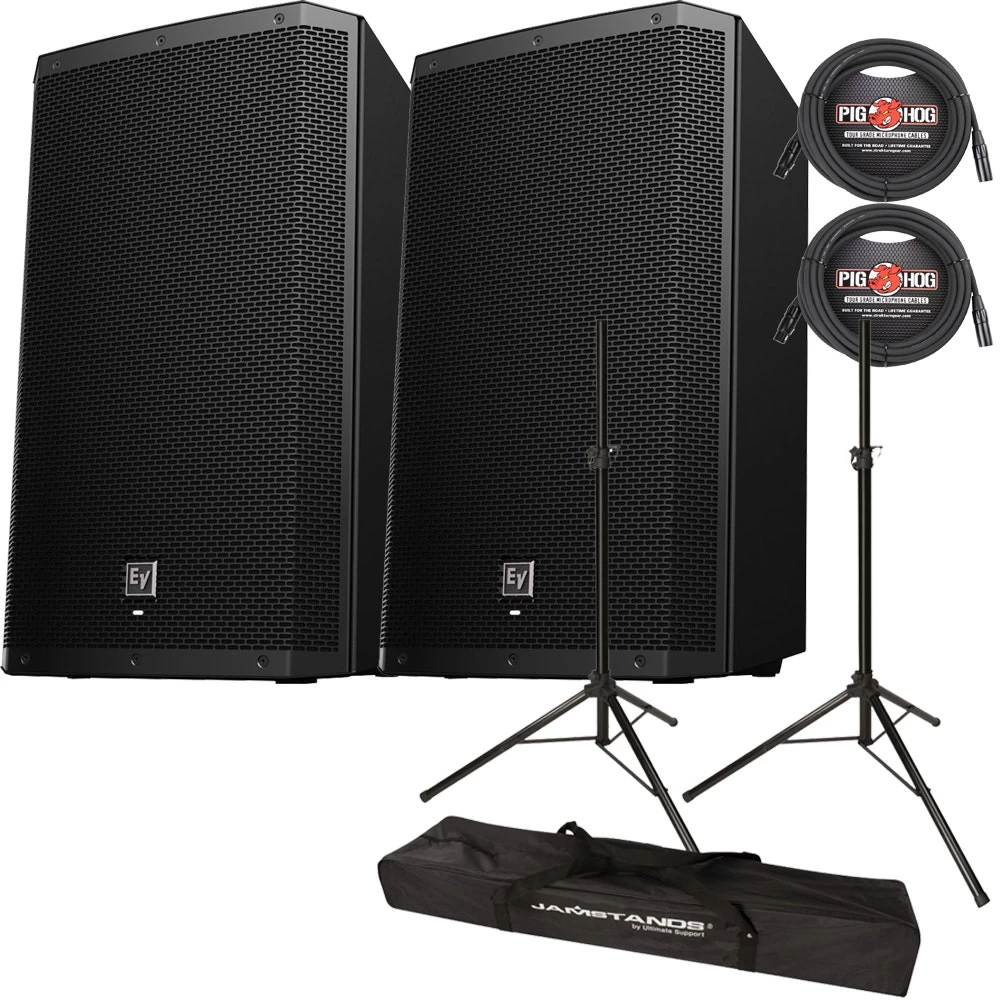 Pair Of EV Electro-Voice ZLX-15BT 15" 1000-Watt Powered Bluetooth Loudspeakers W/ Stands And Cables 3 Pair Of EV Electro-Voice ZLX-15BT 15" 1000-Watt Powered Bluetooth Loudspeakers W/ Stands And Cables